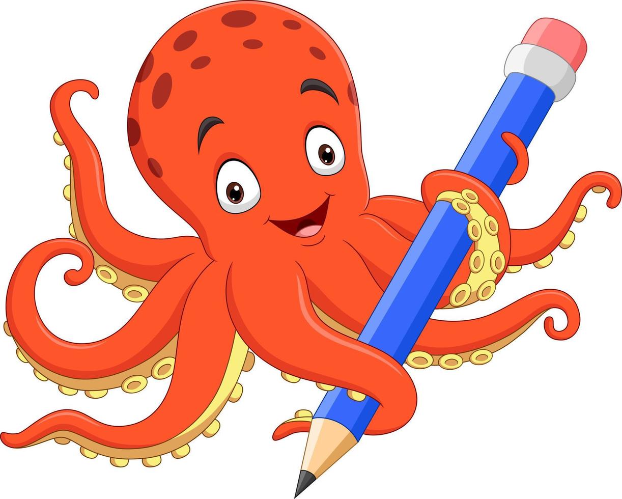 tecknad glad bläckfisk håller penna vektor