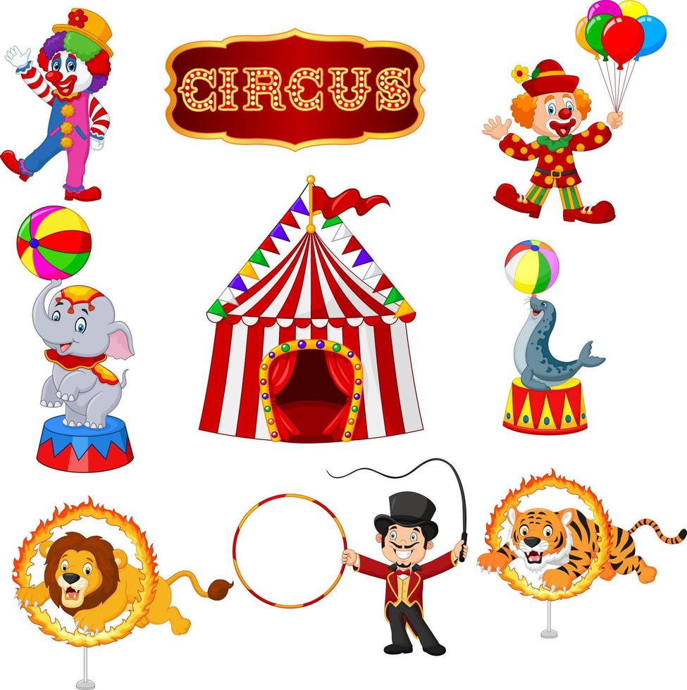 uppsättning av cirkus tecknade artister och djur vektor