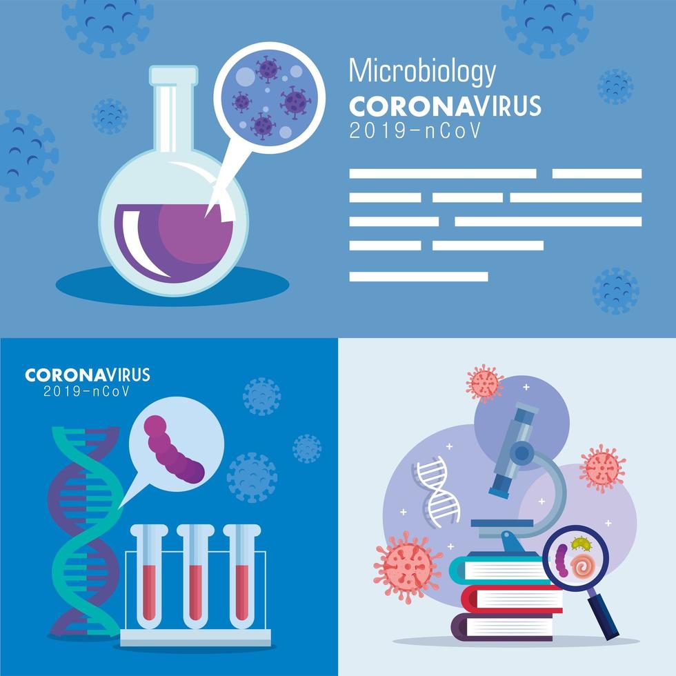 Set Poster der Mikrobiologie für Covid 19 und medizinische Ikonen vektor