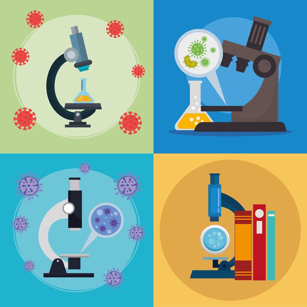 satz von mikroskopen mit partikeln covid 19 und medizinischen symbolen vektor