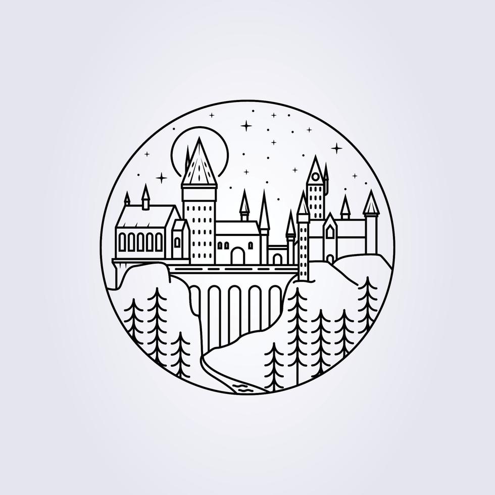 linjekonst Hogwarts slott illustration vektor ikon logotyp tryck kläder t-shirt harry potter