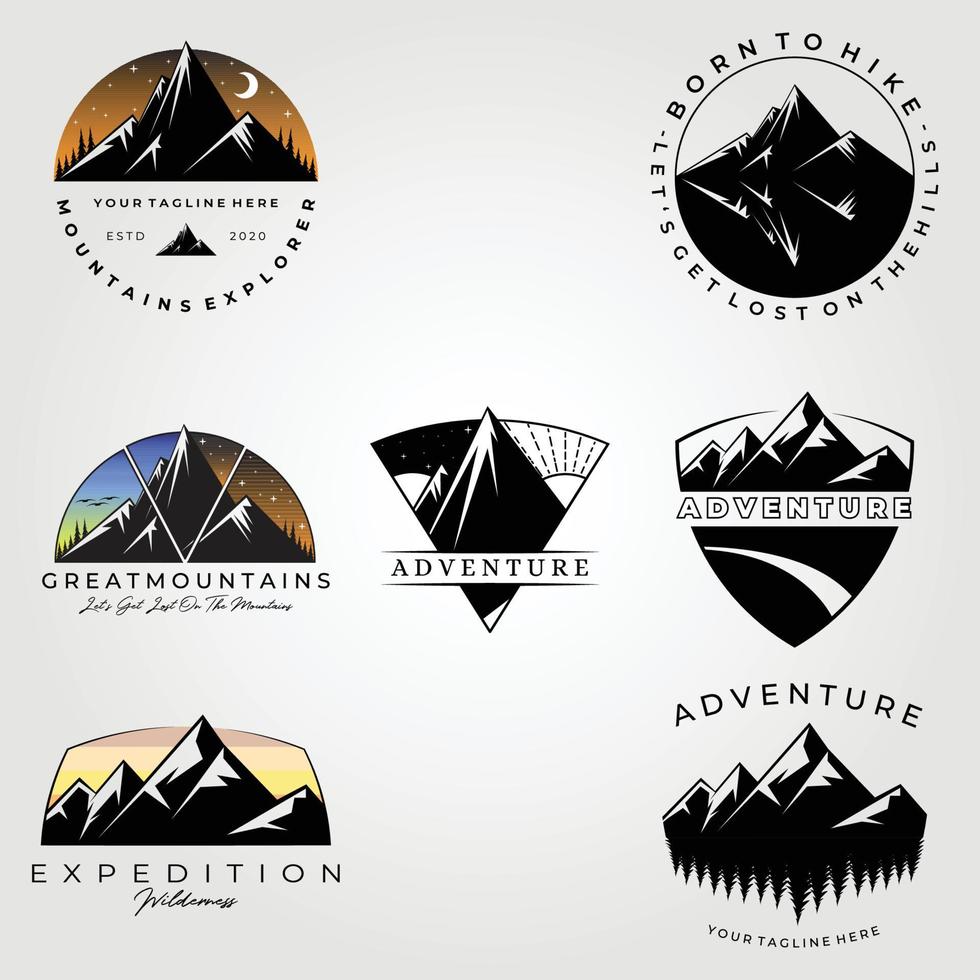 Berg-Abenteuer-Symbol-Aufkleber-Logo-Vektorset-Illustrationsdesign, Bundle-Logo-Symbol-Symbol-Aufkleber vektor