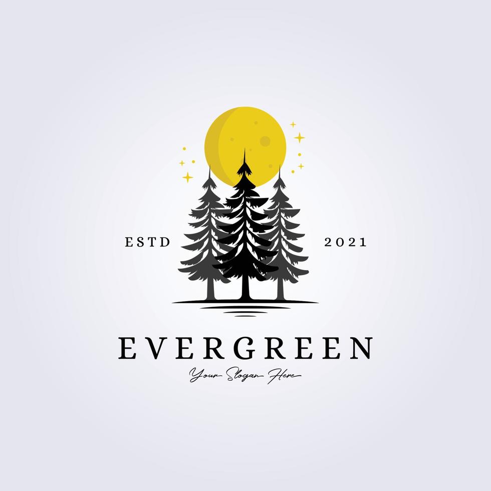 vintergrön, skog, äventyrsskogslogotyp sjö vid floden vid bäcken vektorillustration silhuett vintage symboldesign vektor