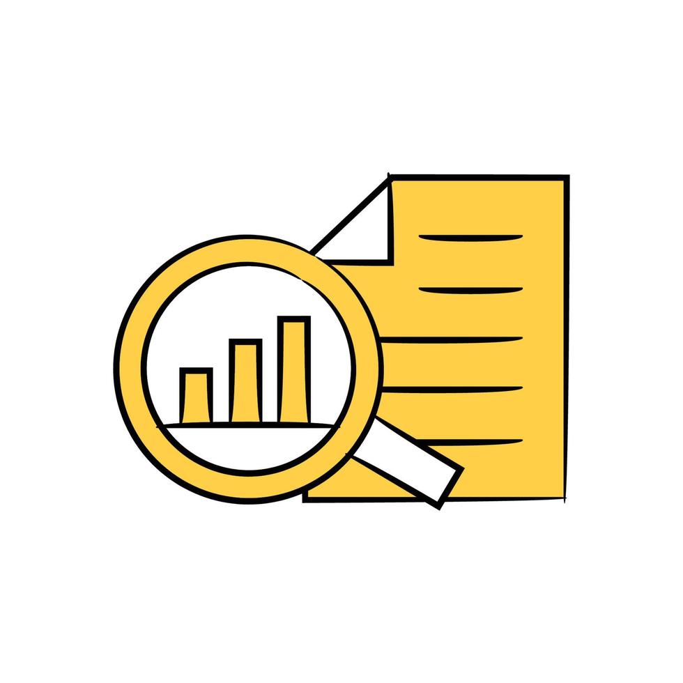 datenanalyselupe und diagramm gelbe gekritzelvektorillustration vektor