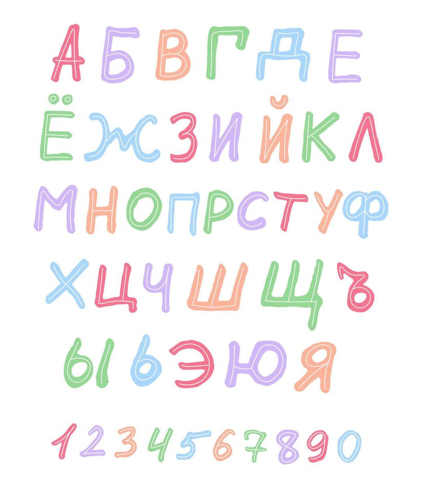 russisches alphabet schriftart bunter text buchstaben und zahlen abc für kinder bildung gekritzel handgezeichnete vorlage vektor