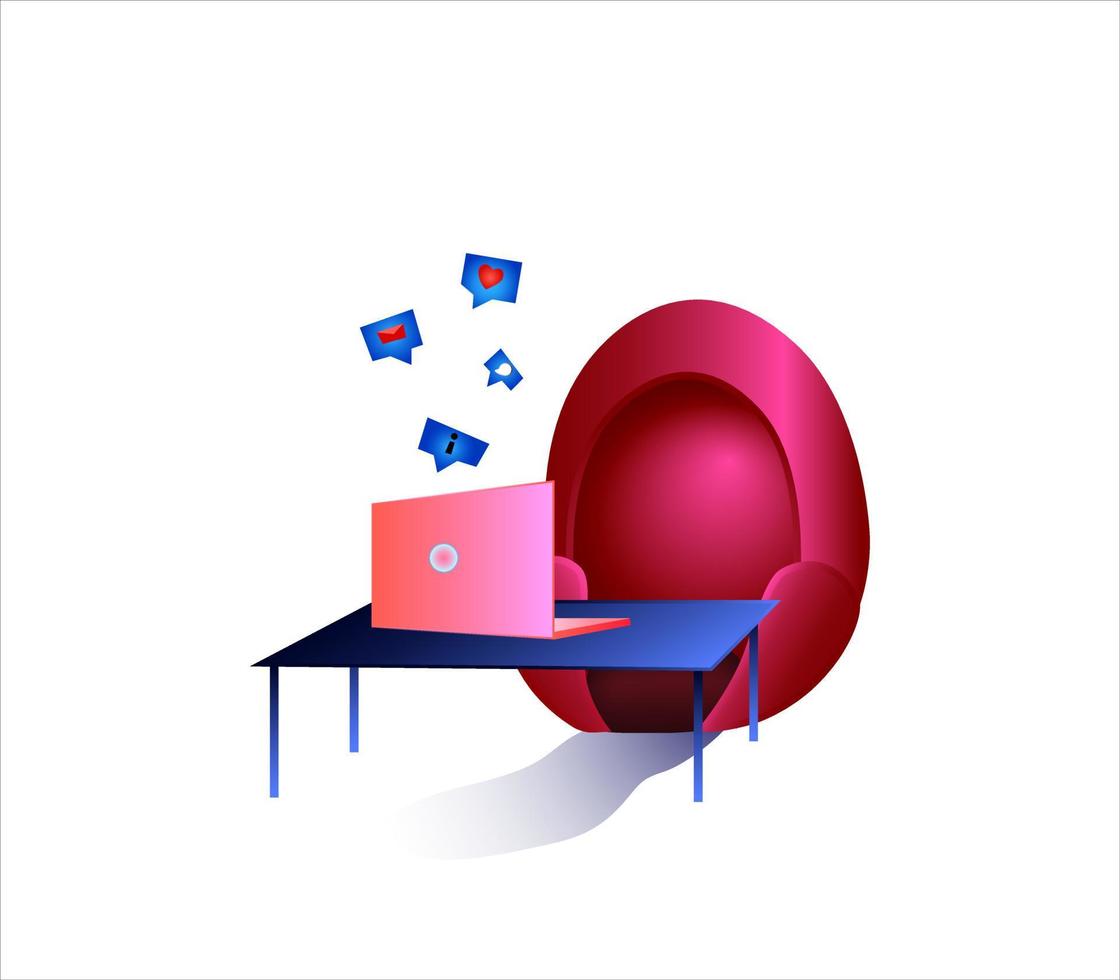 hem arbetsplats eller kontorsrum vektorillustration röd fåtölj blå bord och rosa netbook meddelanden ikon vektor