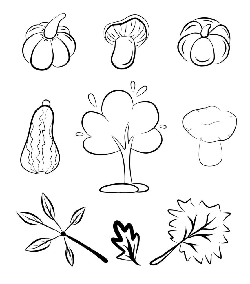 herbst icon set saison grafik linie kunst baum kürbis blatt pilz sammlung schwarz umrisszeichnung fallen konzept natur pflanze gemüsegarten konturlinie vektor