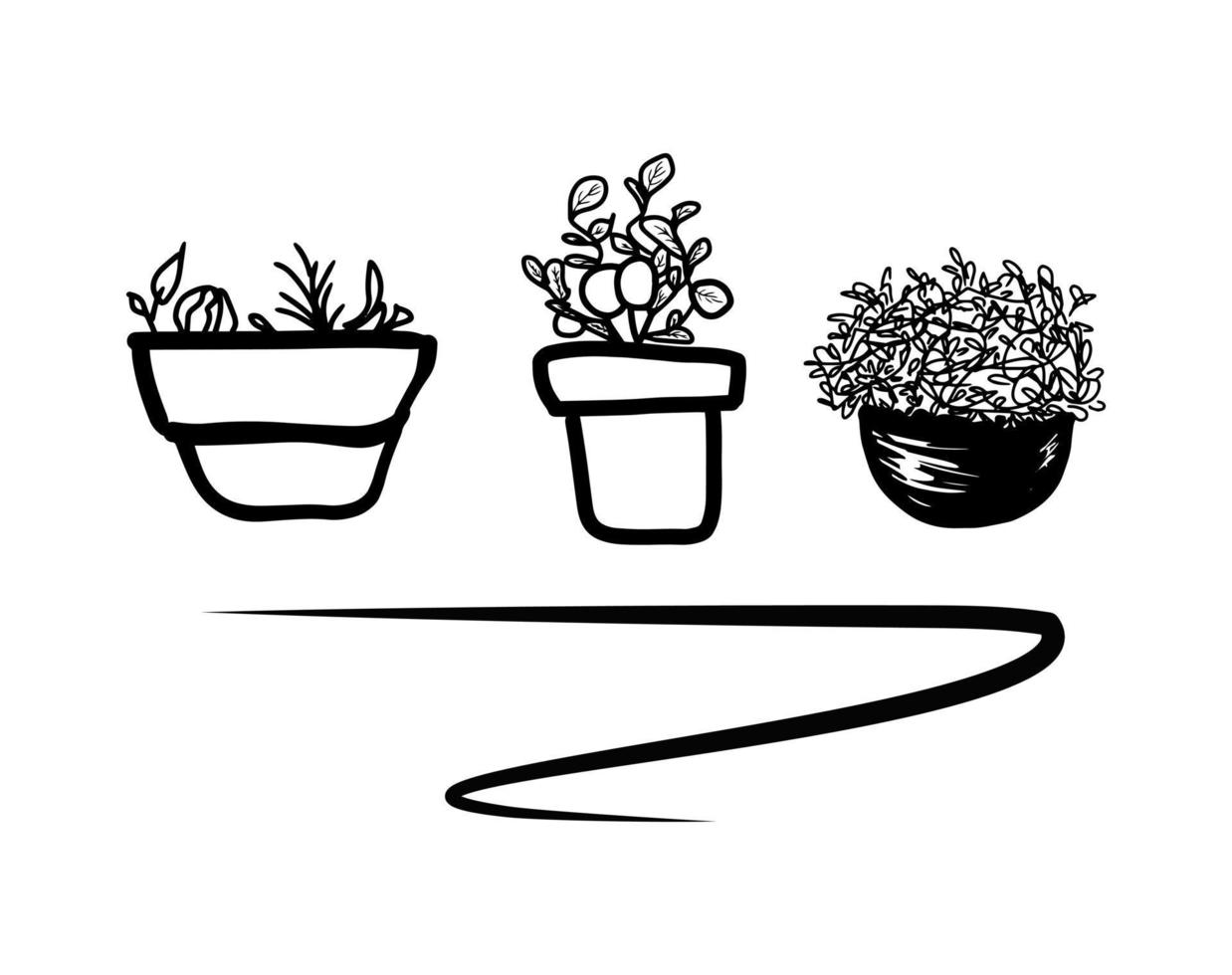 ikoner set doodle hem växter handritad enkla designelement svart kontur isolerad på vit blomkruka vektor