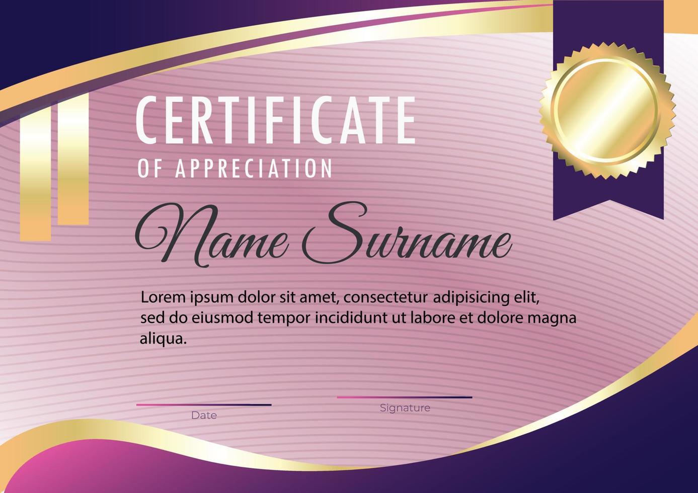 luxus-violette zertifikatvorlage mit elegantem randrahmen, diplomdesign für abschluss oder abschluss vektor