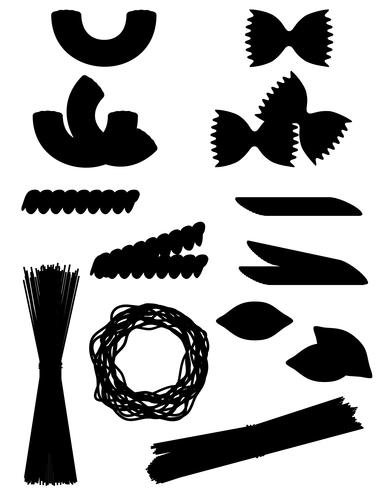 Schwarze Schattenbildentwurfs-Vektorillustration der Ikonen der Teigwaren gesetzte vektor