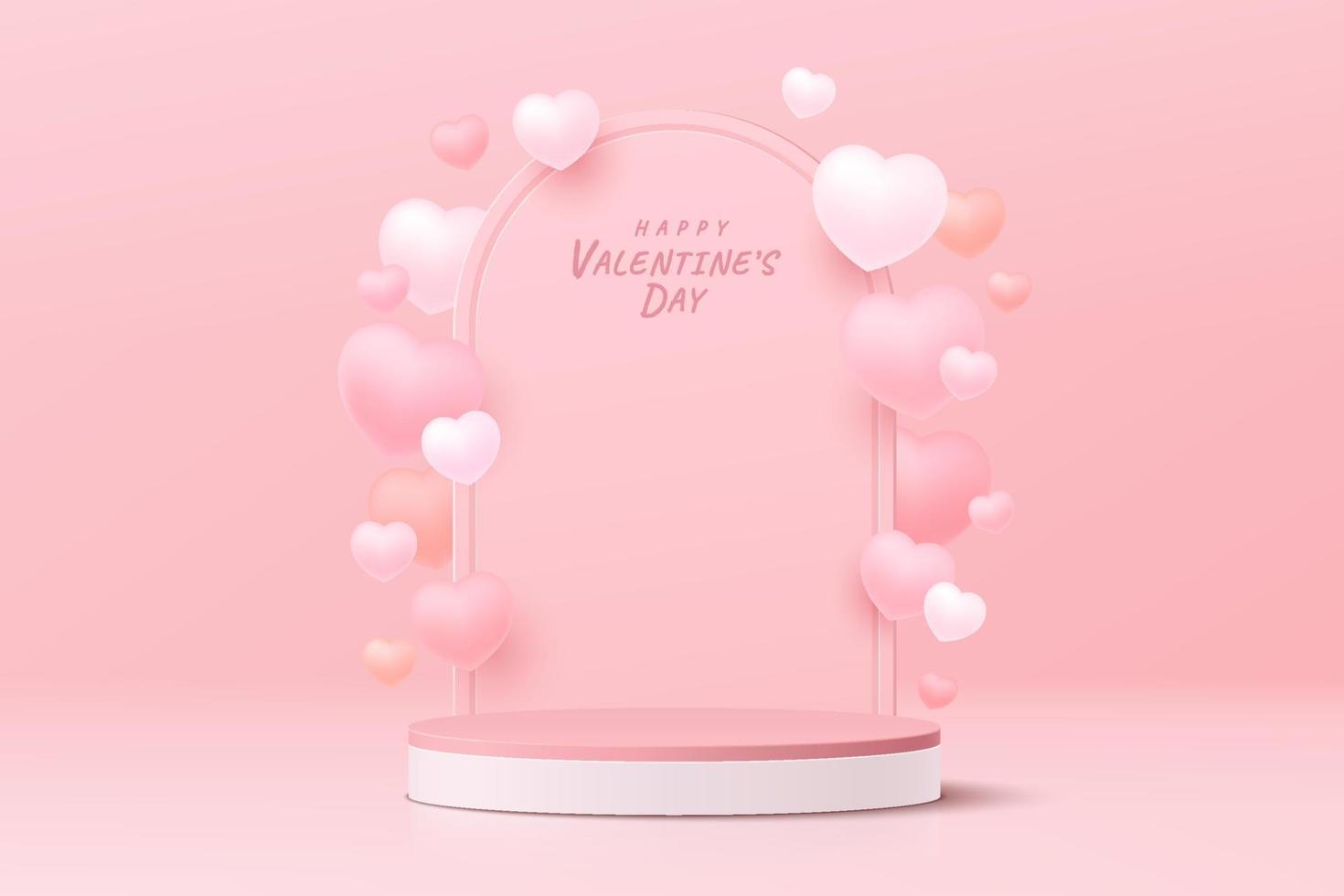 realistisk rosa 3d cylinder piedestal podium med flytande ballonger hjärtform. valentine pastell minimal scen för produkter showcase, promotion display. vektor abstrakt studio rum plattform design.