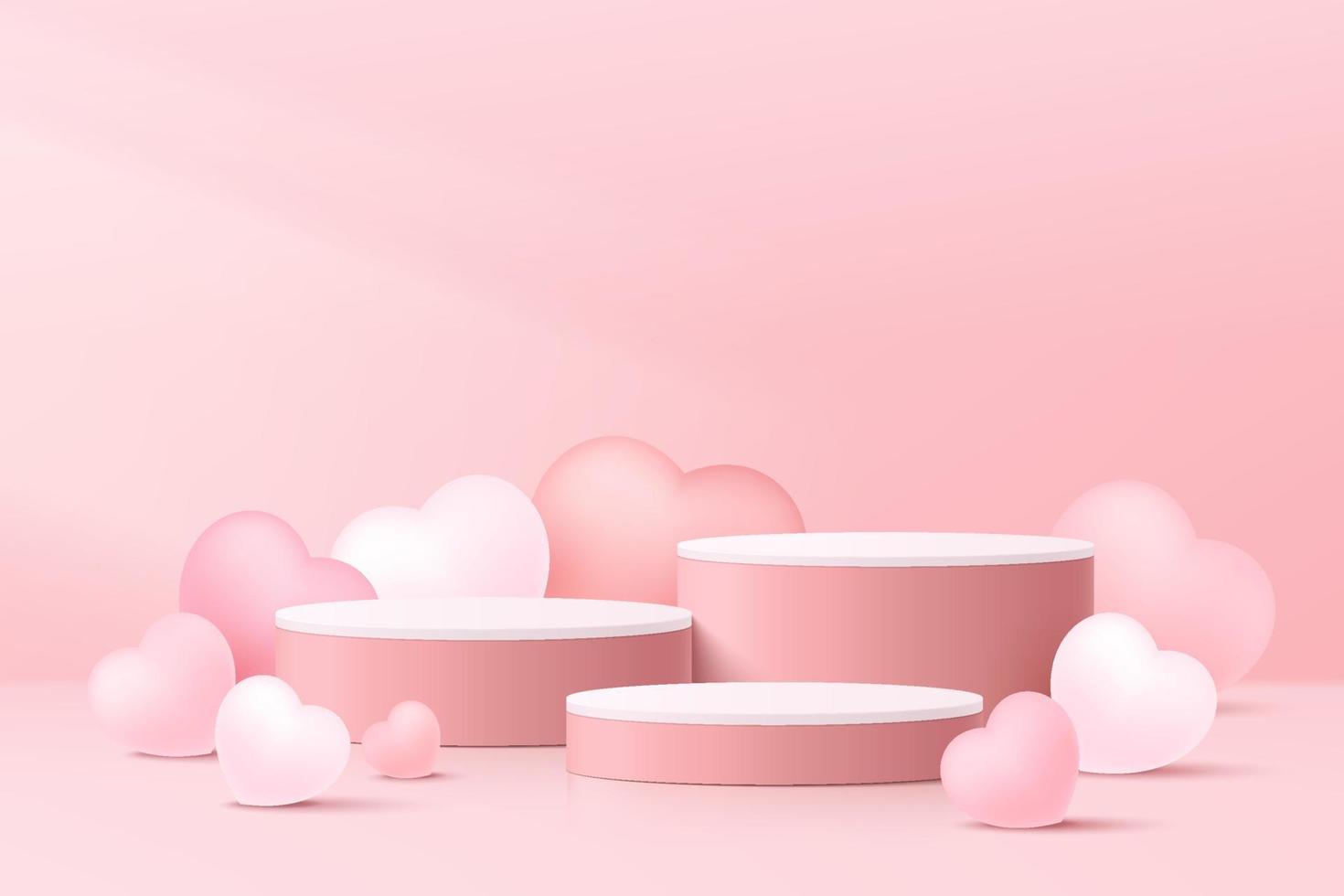 realistisk rosa 3d cylinder piedestal podium set med ballonger hjärtform. pastell minimal scen för produkter showcase, promotion display. abstrakt studio rum plattform design. vektor illustration.