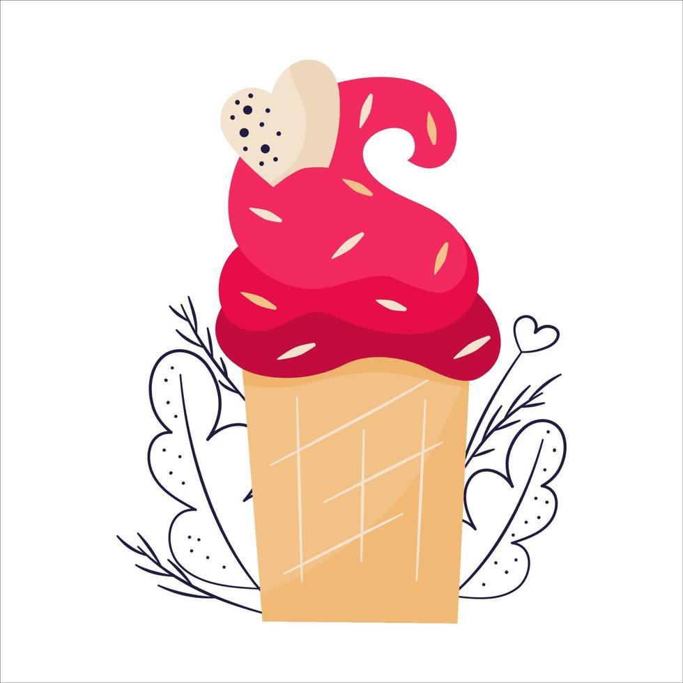Rosa Cupcake mit Herz zum Valentinstag. Waffelbecher mit Sahne. leckeres, süßes dessert mit dekor. flache vektorillustration isoliert vektor