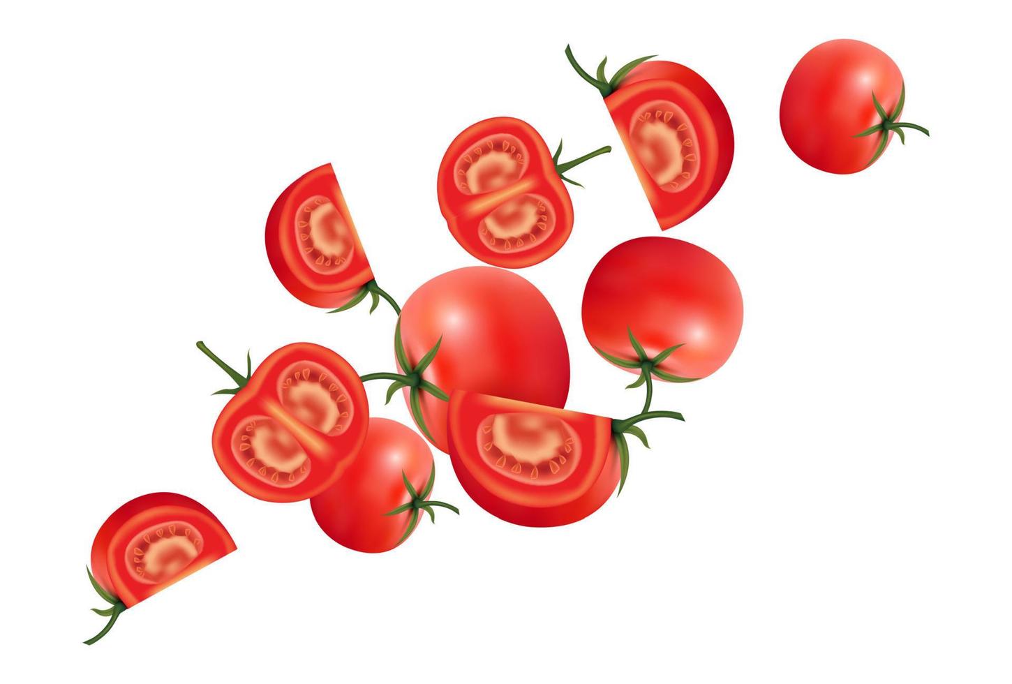 färsk tomat som flyger av bitar i mitten på vit bakgrund. realistisk 3d vektorillustration. vektor