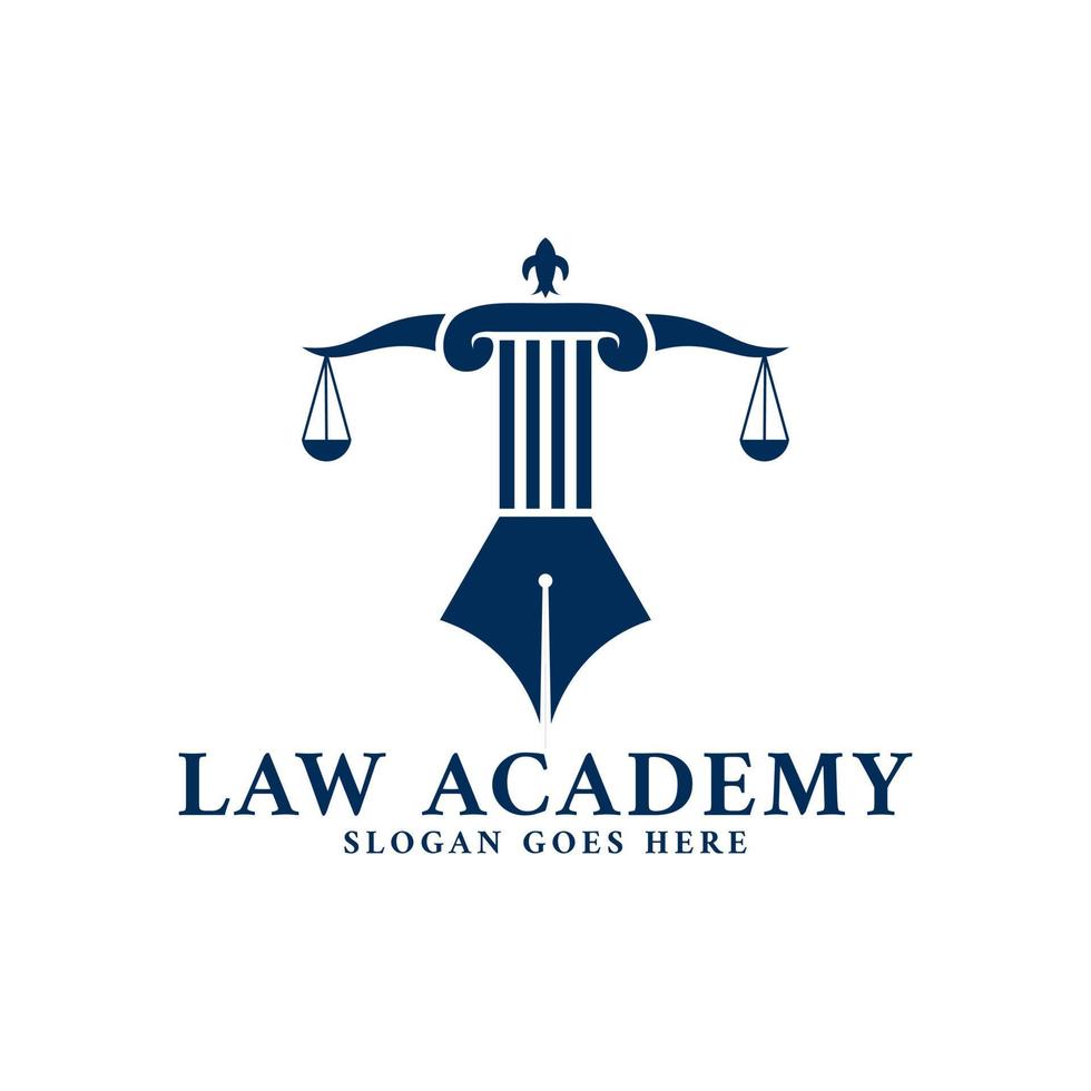 Law Academy logotypmall med kombination av pelare, skala och pennvektorikon vektor