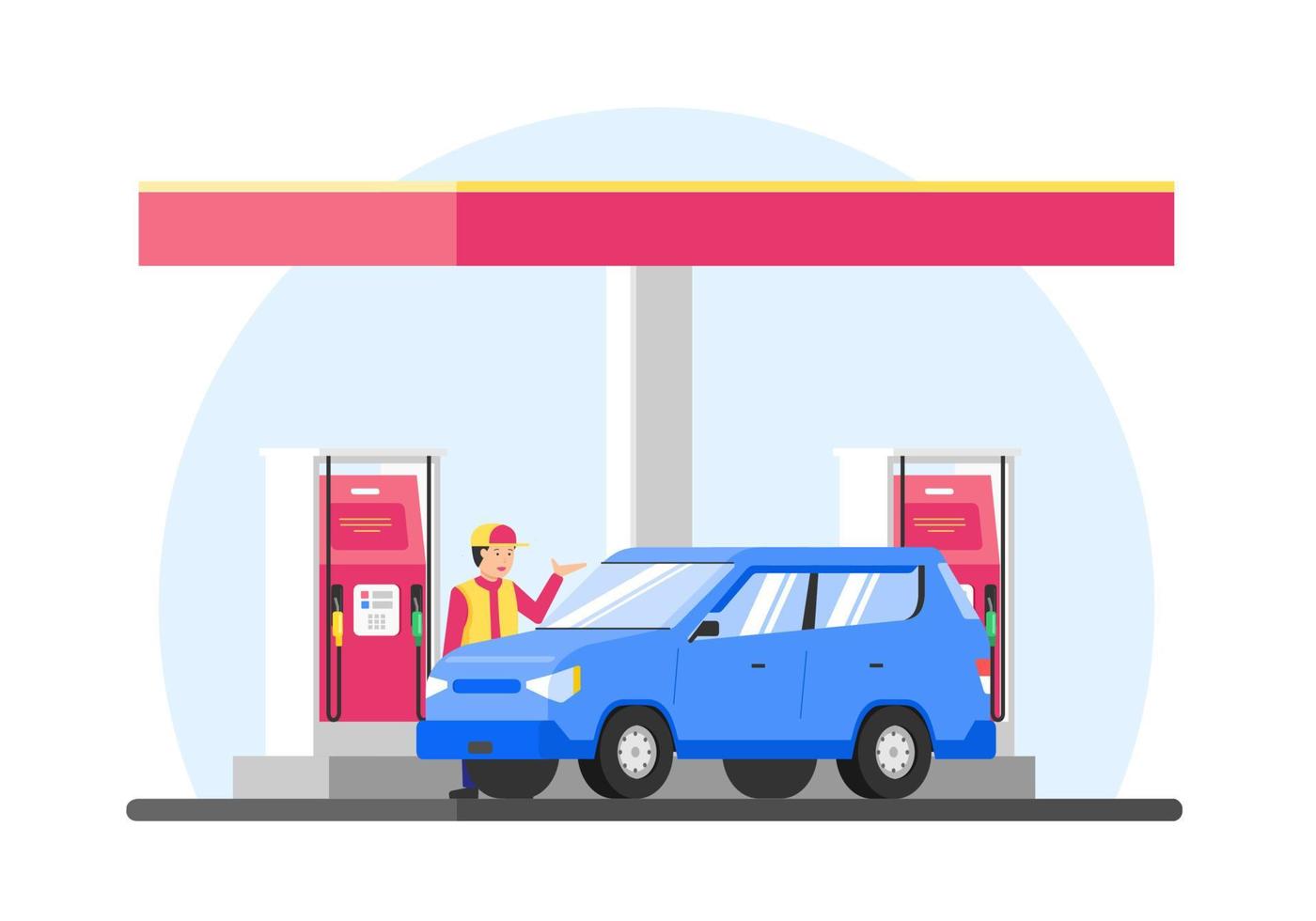 vektor illustration tankning bil på bensinstation. fylla på blå bil till full tank med bensin.