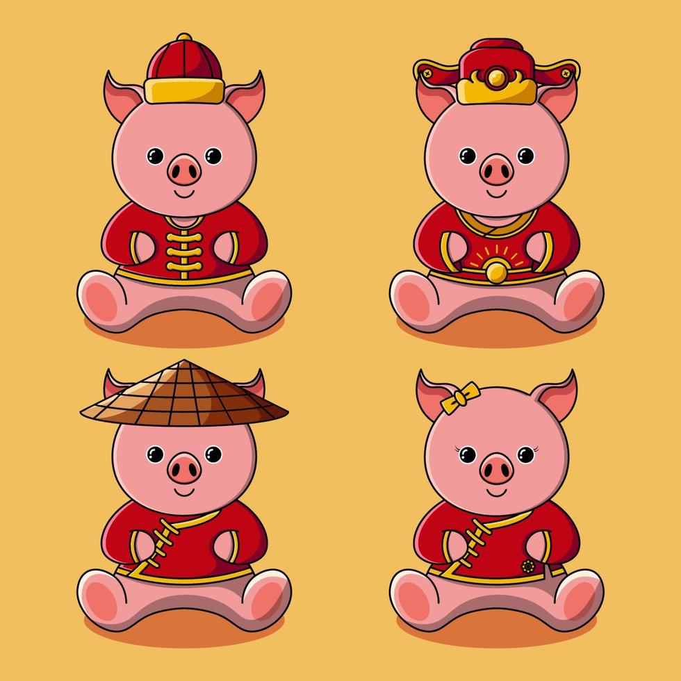 söt gris i kinesisk traditionell kostym samling illustration vektor