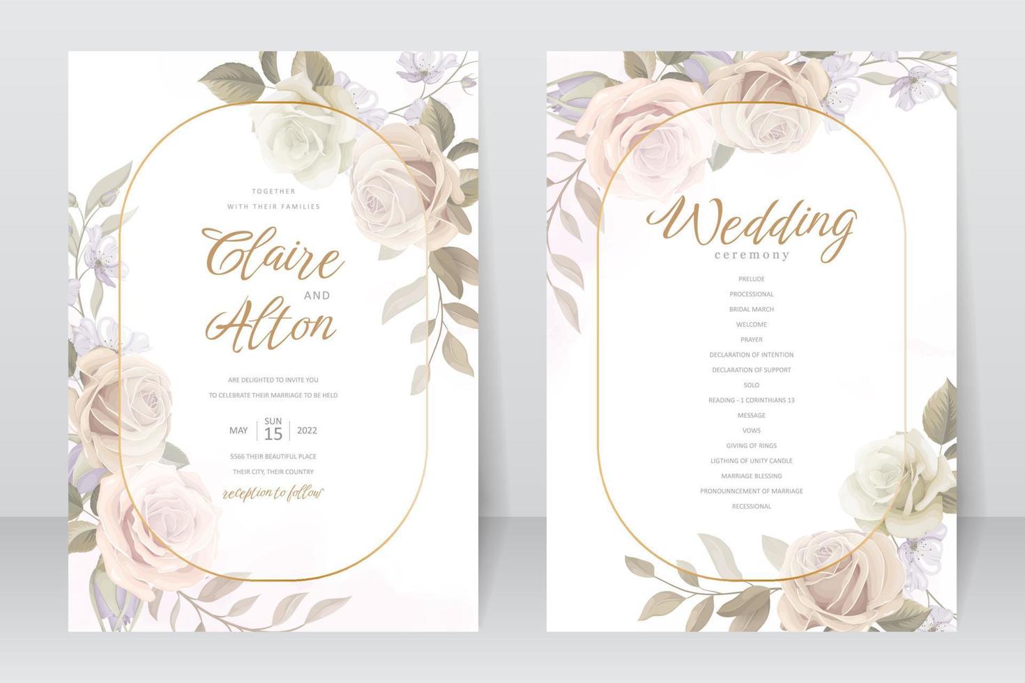 bröllopsinbjudan mall med ros blomma design vektor