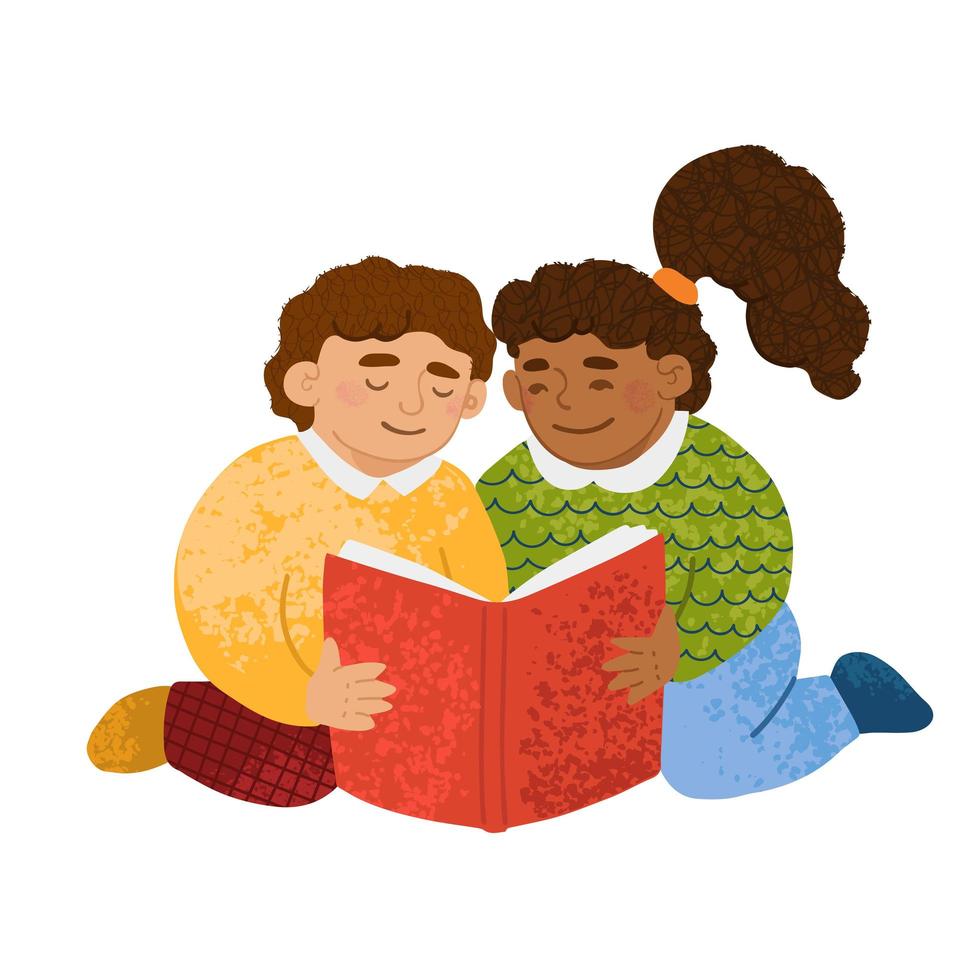 söt liten pojke och flicka läser en bok vektor