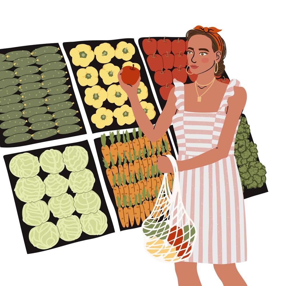 Illustrationen von niedlichen jungen Mädchen mit Öko-Tasche kaufen Lebensmittel im Zero Waste Store vektor