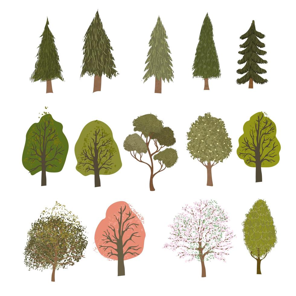 färgglada illustrationer av olika träd isolerad på vit bakgrund vektor