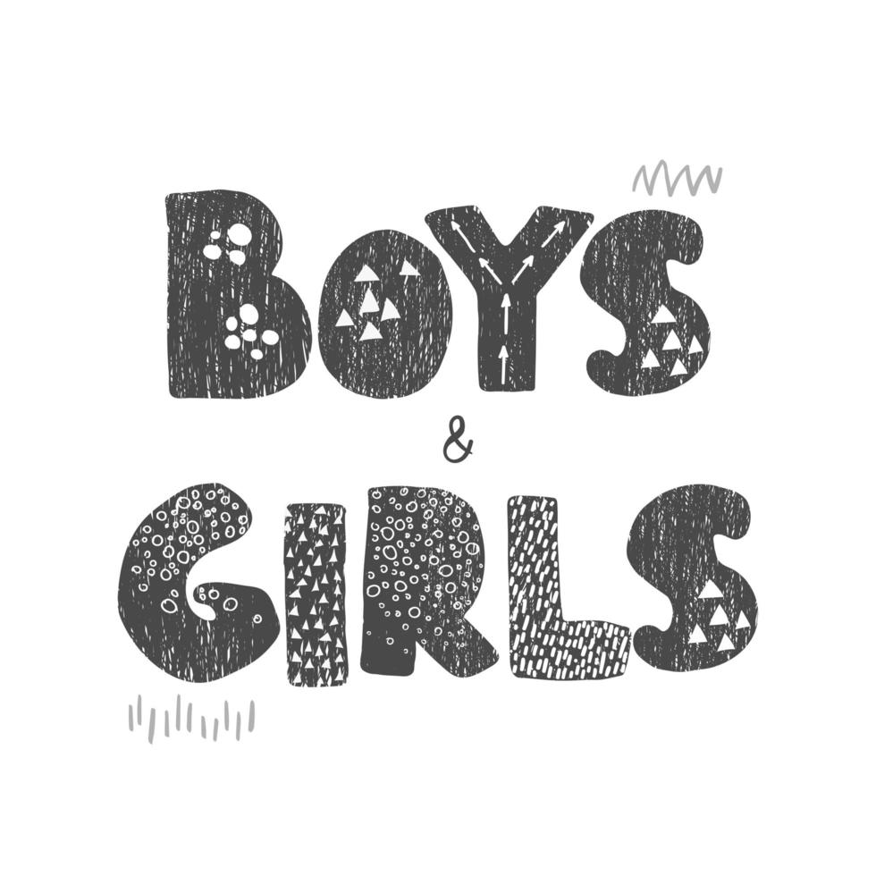 pojkar och flickor - rolig handritad barnkammare affisch med bokstäver vektor
