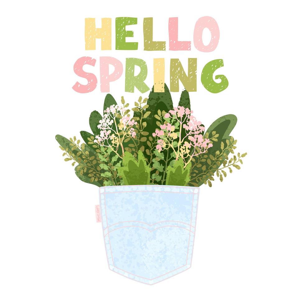 Blumenstrauß in der Gesäßtasche und handgezeichneter Schriftzug Hallo Frühling vektor