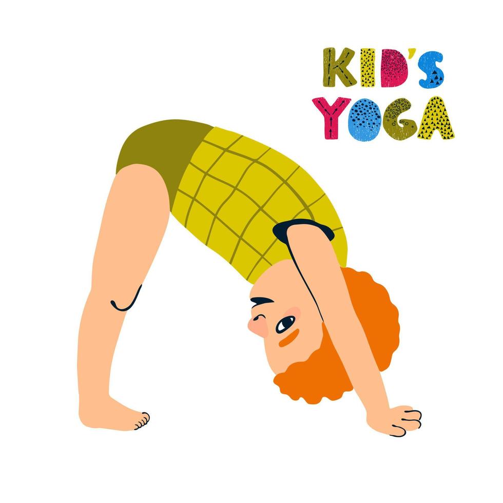 Vektor bunte Illustration des kleinen Jungen, der Yoga Adho Mukha Svanasana Pose macht, isoliert auf weißem Hintergrund