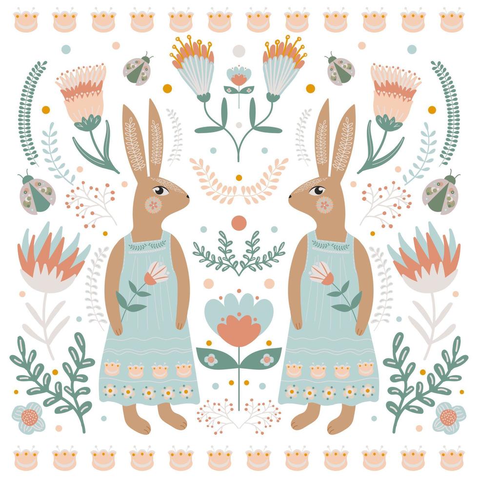 glad påsk gratulationskort i folkkonst stil. kanin eller kanin i klänning och blommotiv. våren illustration. vektor