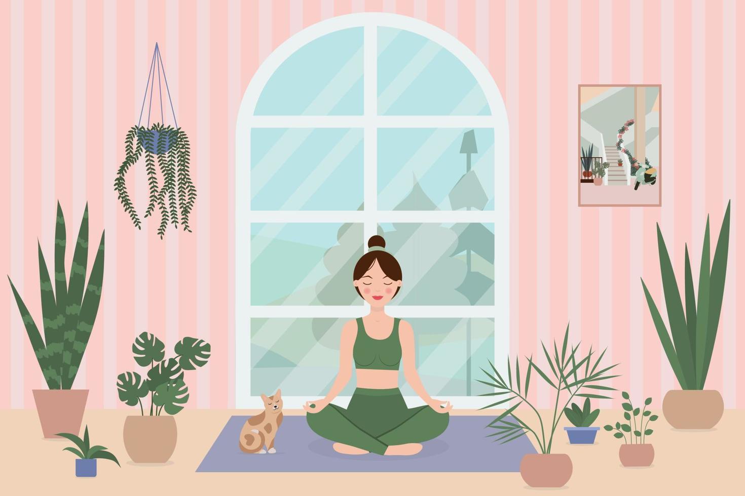 en kvinna utövar yoga i lotusställning i ett mysigt rum med ett stort fönster, krukväxter och en katt. vektor