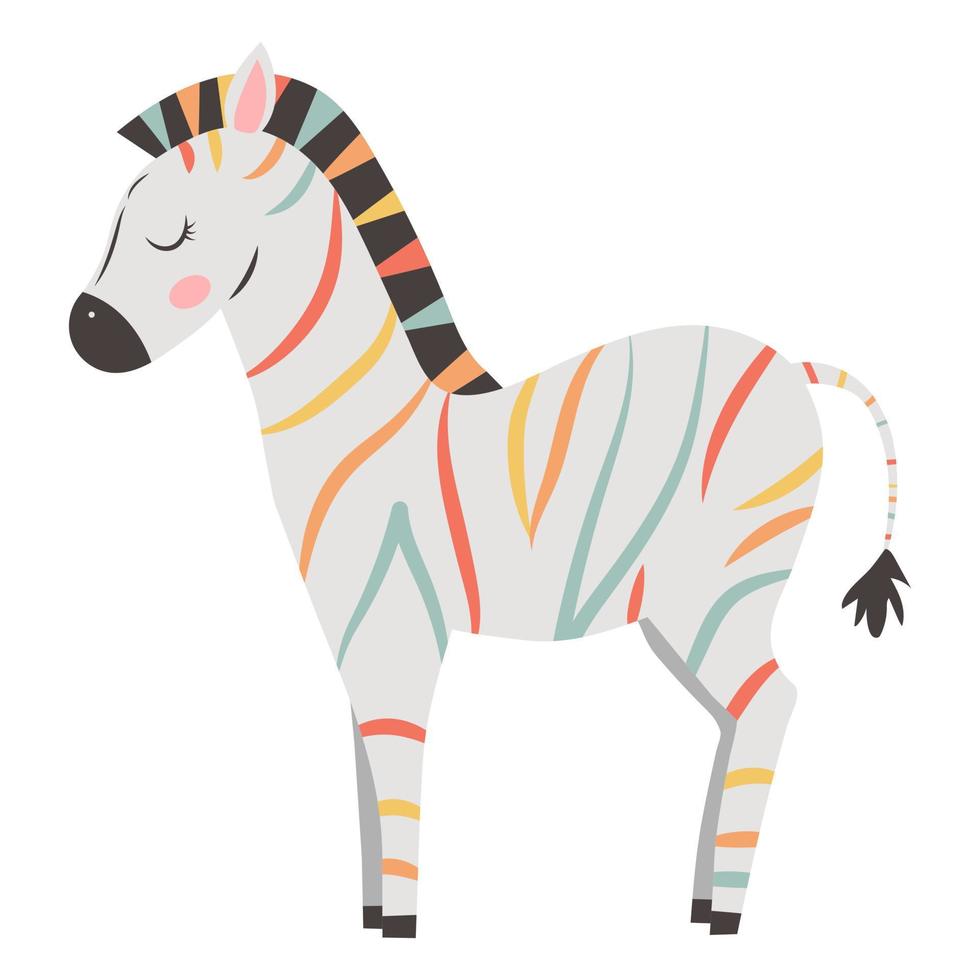 süßes zebra mit bunten streifen, vektor kindliche illustration im flachen stil. für Poster, Grußkarten und Babydesign.