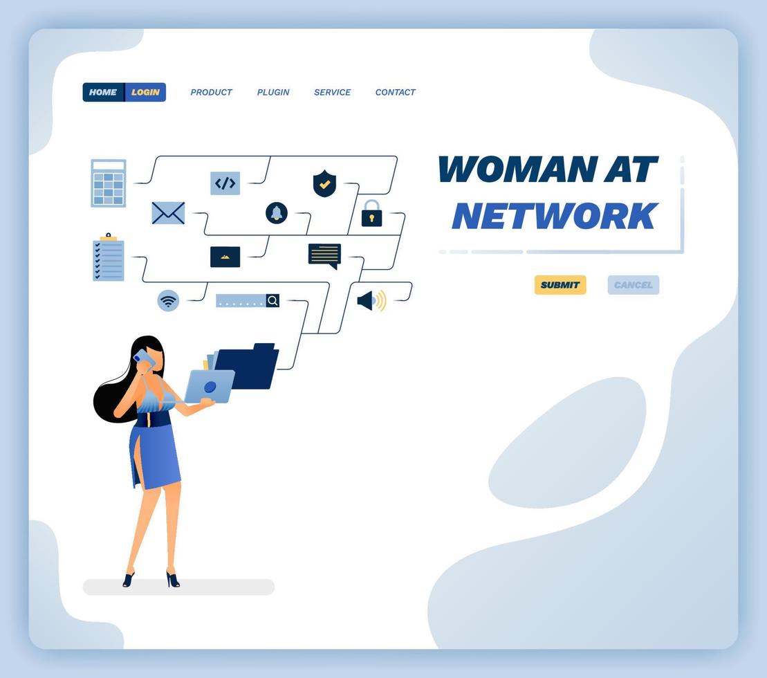 Vektorgrafik einer Frau, die einen Laptop hält und mit einem Arbeitsordner verbunden ist, der im Netzwerk miteinander verbunden ist. Design kann für Website, Poster, Flyer, Apps, Werbung, Verkaufsförderung, Marketing verwendet werden vektor