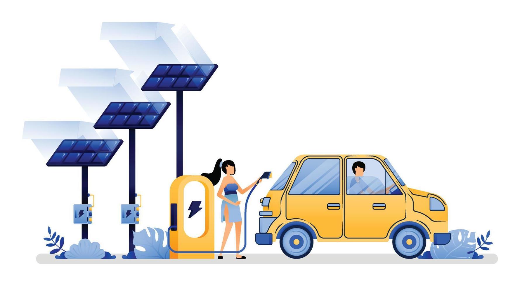 vektorillustration des elektrischen aufladens für elektroautos mit solarpanel umweltfreundlicher und effizienter zur unterstützung der nachhaltigkeit. kann für Web-Website-Apps-Poster-Banner-Flyer verwendet werden vektor