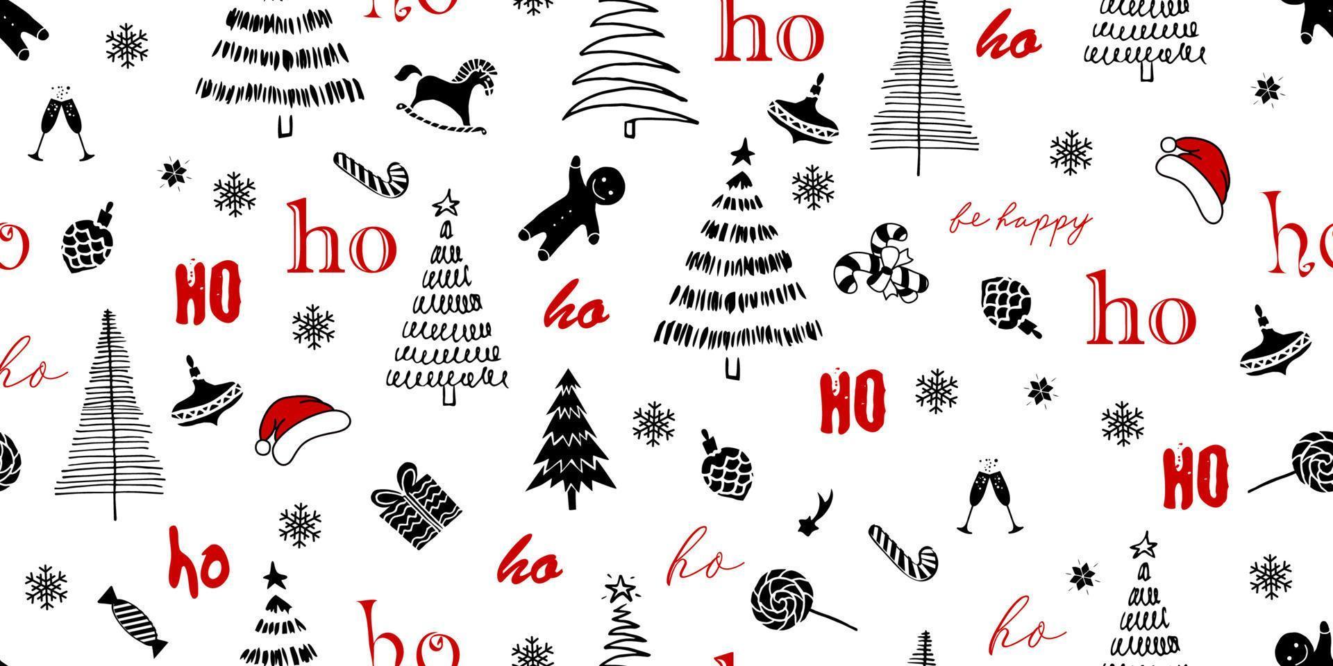weihnachtsnahtloses muster mit text ho ho ho, weihnachtsbäumen, schneeflocken, geschenken und süßigkeiten vektor