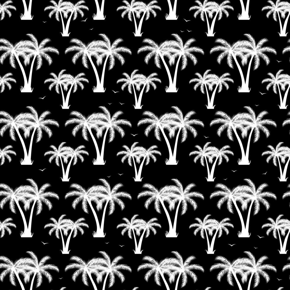 Palmen mit Vögeln auf schwarzem Hintergrund. exotisches nahtloses Muster. vektor
