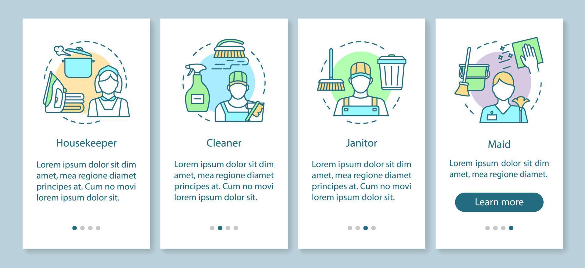 mitarbeiter der reinigungsagentur beim onboarding des seitenbildschirms der mobilen app, lineare konzepte. Putzfrau, Dienstmädchen. Reinigungsfirma. vier Walkthrough-Schritte mit grafischen Anweisungen. ux, ui, gui-vektorvorlage mit illustrationen vektor