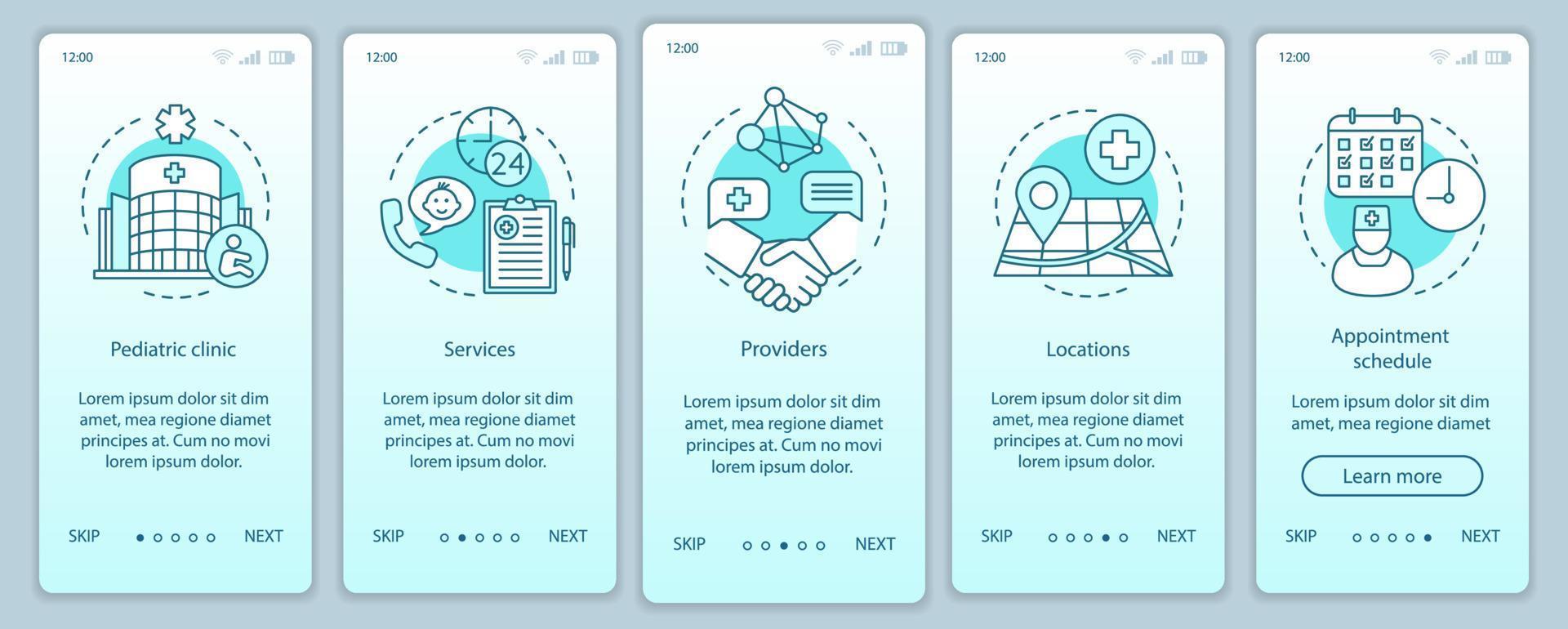 pädiatrische Klinik beim Onboarding der Seite für den Bildschirm der mobilen App, Vektorvorlage. Dienstleistungen, Terminvereinbarung, Standorte. Walkthrough-Website-Schritte mit linearen Symbolen. ux, ui, gui smartphone-schnittstellenkonzept vektor