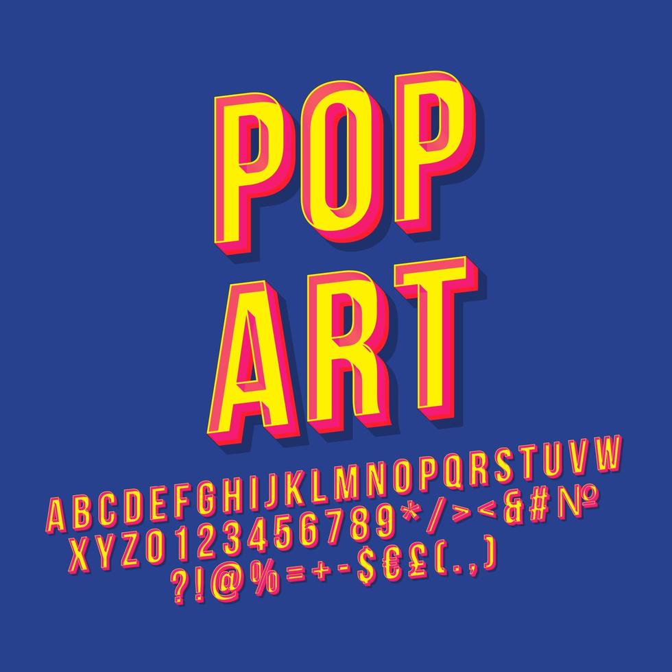 Pop Art Vintage 3D-Vektor-Schriftzug. retro fette schrift, schriftbild. stilisierter Text. buchstaben, zahlen, symbole im alten schulstil. 90er-Jahre-Poster, Banner, T-Shirt-Typografie-Design. marineblauer Hintergrund vektor