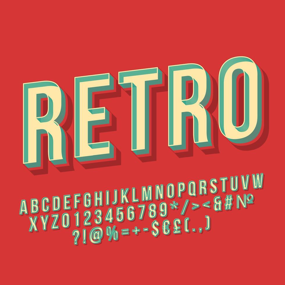 Retro-Vintage-3D-Vektor-Schriftzug. 80er Fettschrift, Schriftart. Pop-Art-stilisierter Text. buchstaben, zahlen, symbole im alten schulstil. 90er-Jahre-Poster, Banner, T-Shirt-Typografie-Design. roter Hintergrund vektor