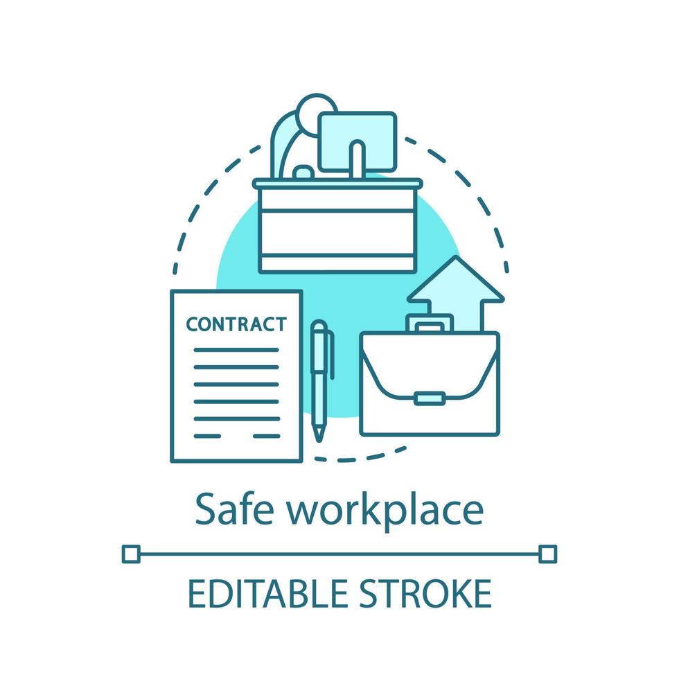 säker arbetsplats koncept ikon. arbetsrättsskydd idé tunn linje illustration. arbetarskyddsavtal. kollektiva förhandlingar. jobbförsäkring. vektor isolerade konturritning. redigerbar linje