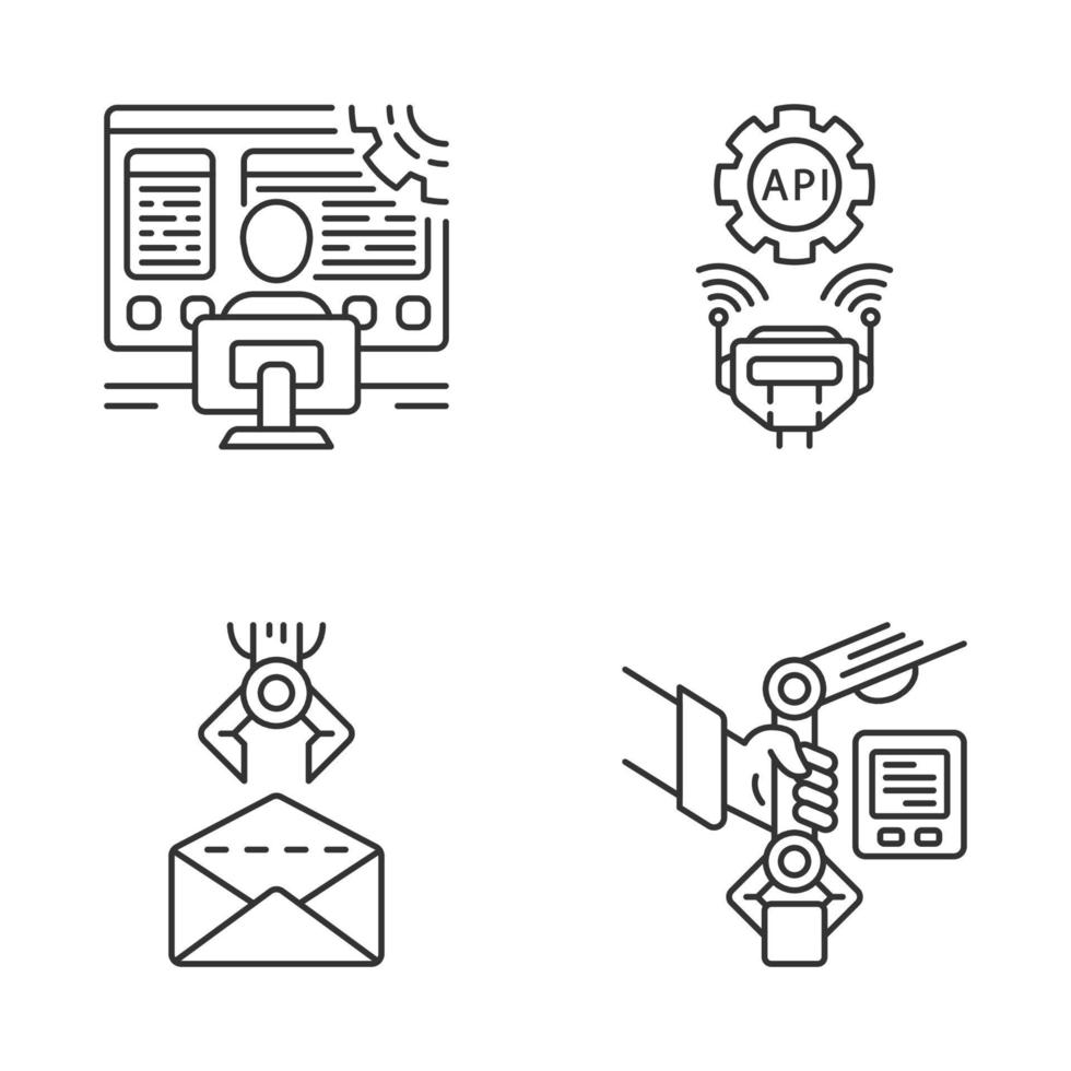 rpa linjära ikoner set. robotprocessautomation. mjukvaruutvecklare, api-anslutning, e-post, pbd. automatisera arbetsflöden. tunn linje kontur symboler. isolerade vektor kontur illustrationer. redigerbar linje