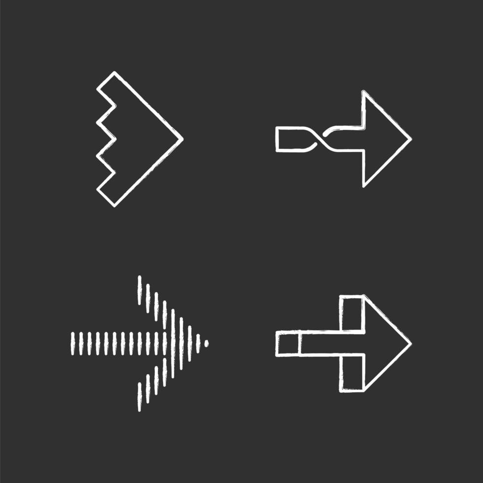 pfeile nach rechts kreidesymbole gesetzt. verdreht, gekerbt, gestreift weiter, Vorwärtspfeile. Navigationszeiger Zeichen. Bewegungswegweiser, Anzeiger. zeigendes Symbol. isolierte vektortafelillustrationen vektor