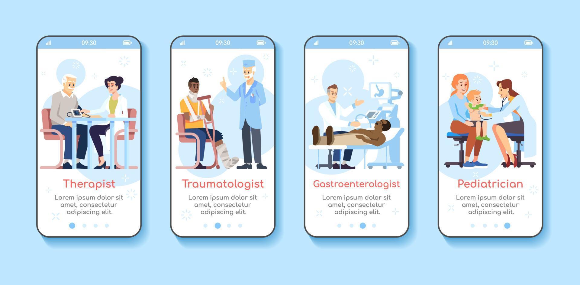 skärmmall för medicin och sjukvårdstjänster för mobilapp. terapeut, traumatolog, barnläkare. genomgång av webbplatssteg med platta tecken. ux, ui, gui smartphone tecknade gränssnitt vektor