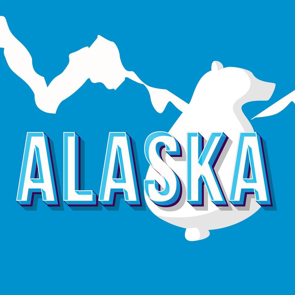 Alaska Vintage 3D-Vektor-Schriftzug. retro fette schrift, schriftbild. Pop-Art-stilisierter Text. Buchstaben im Stil der alten Schule. 90er, 80er Poster, Bannerdesign. Eisbär, Berge, azurblauer Hintergrund vektor