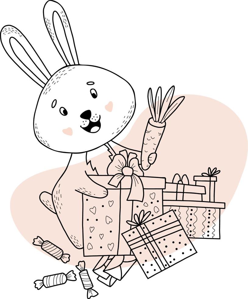 süßes kaninchen mit geschenken, boxen, süßigkeiten und karotten. Vektor-Illustration. lustiges Tier im Stil von handgezeichneten linearen Kritzeleien für Design und Dekoration, Grußkarten, Kinderkollektion vektor