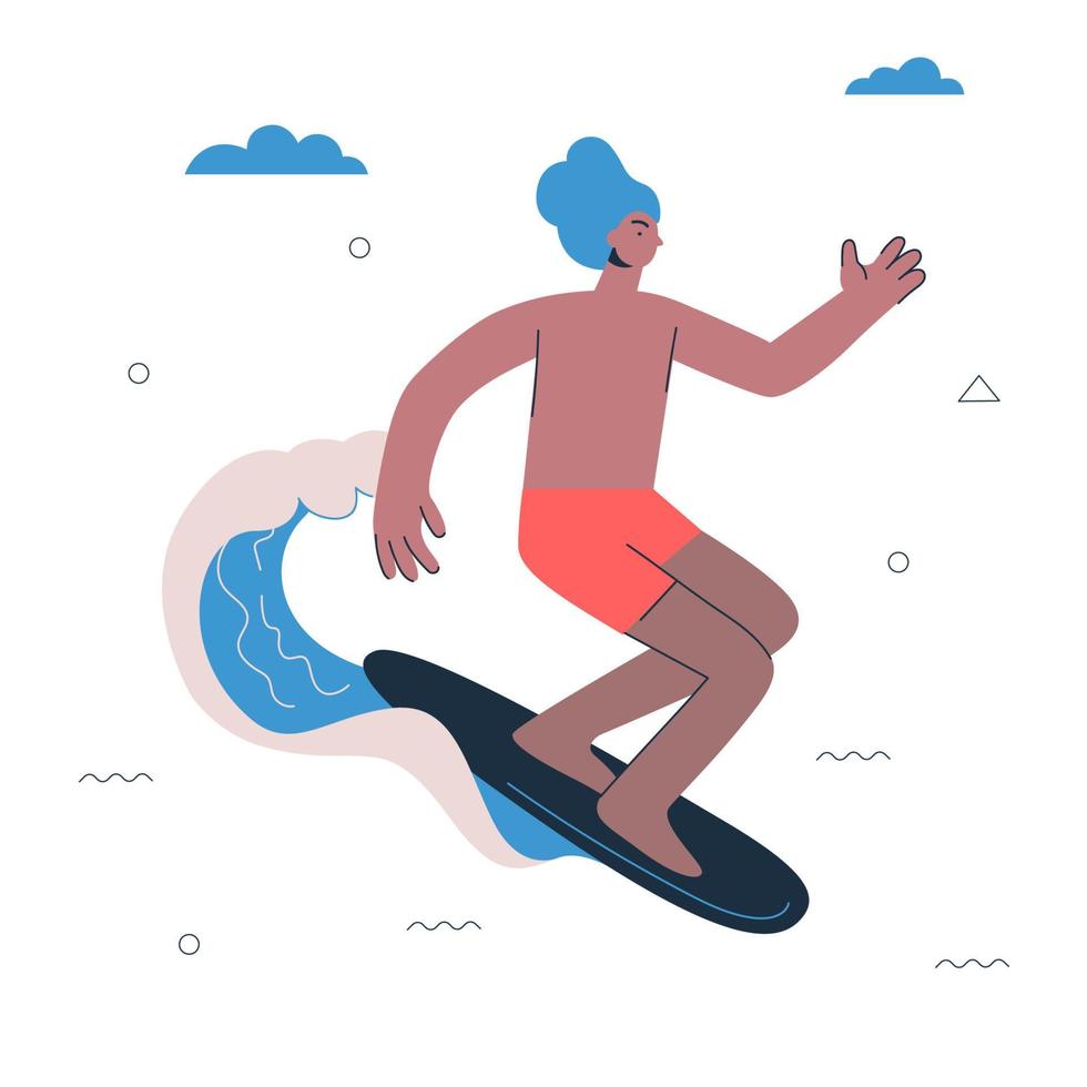 Hipster-Surfer. junger mann, der auf welle surft. gesunder aktiver lebensstil und kreatives konzept für extremen surfbrettsport. männliche person auf surfbrett. Vektor-Eps-Kunst-Illustration vektor