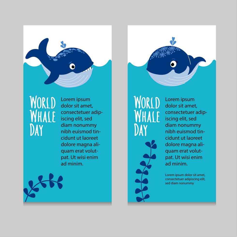 söt val i havets vågor. World Whale Day bokstäver och utrymme för text. världen valar dag mall. skydd av marina däggdjur. platt vektor illustration för affisch, banderoll, plakat, broschyr, flygblad