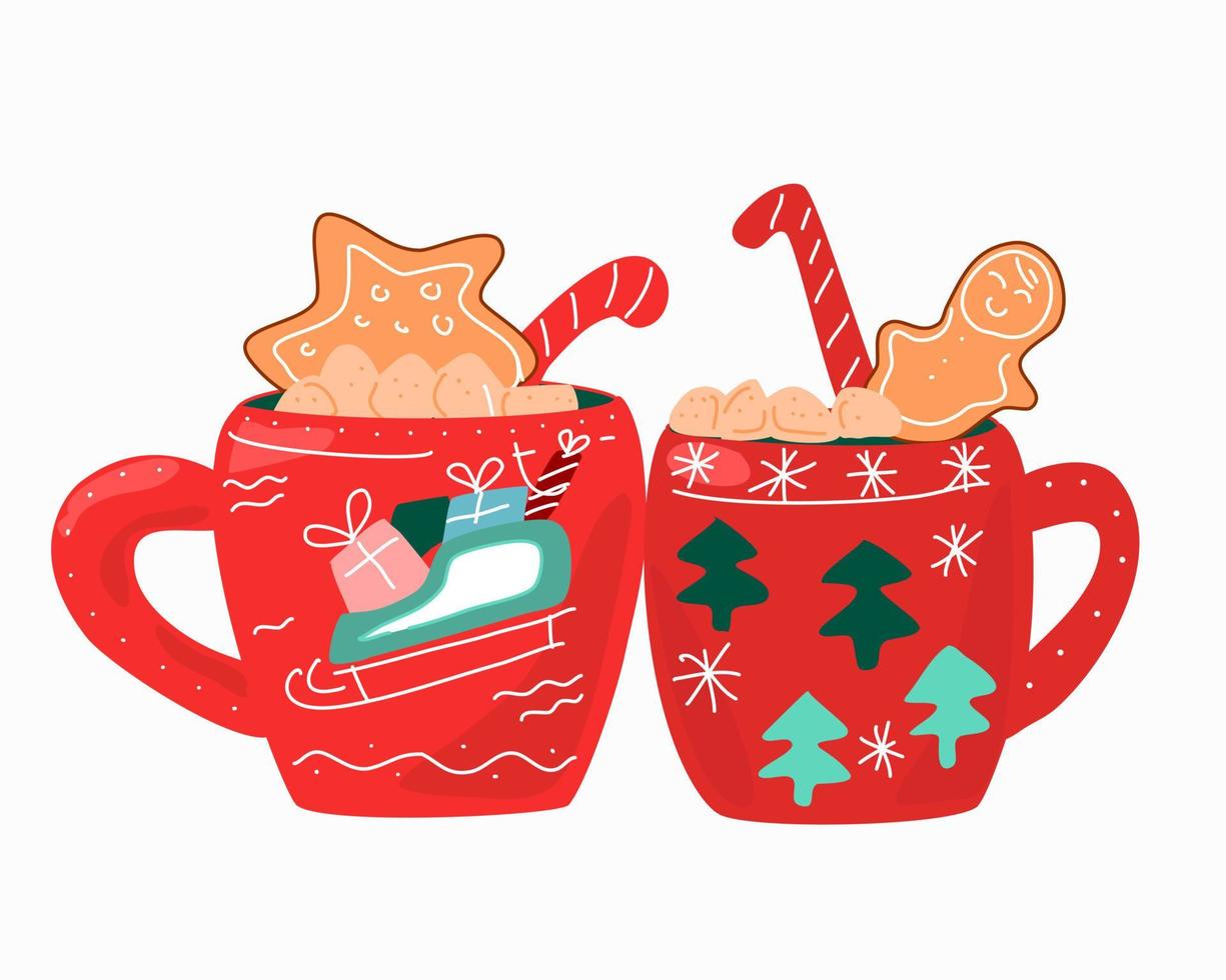 Zwei Weihnachtsbecher mit Kaffee und Süßigkeiten. vektor