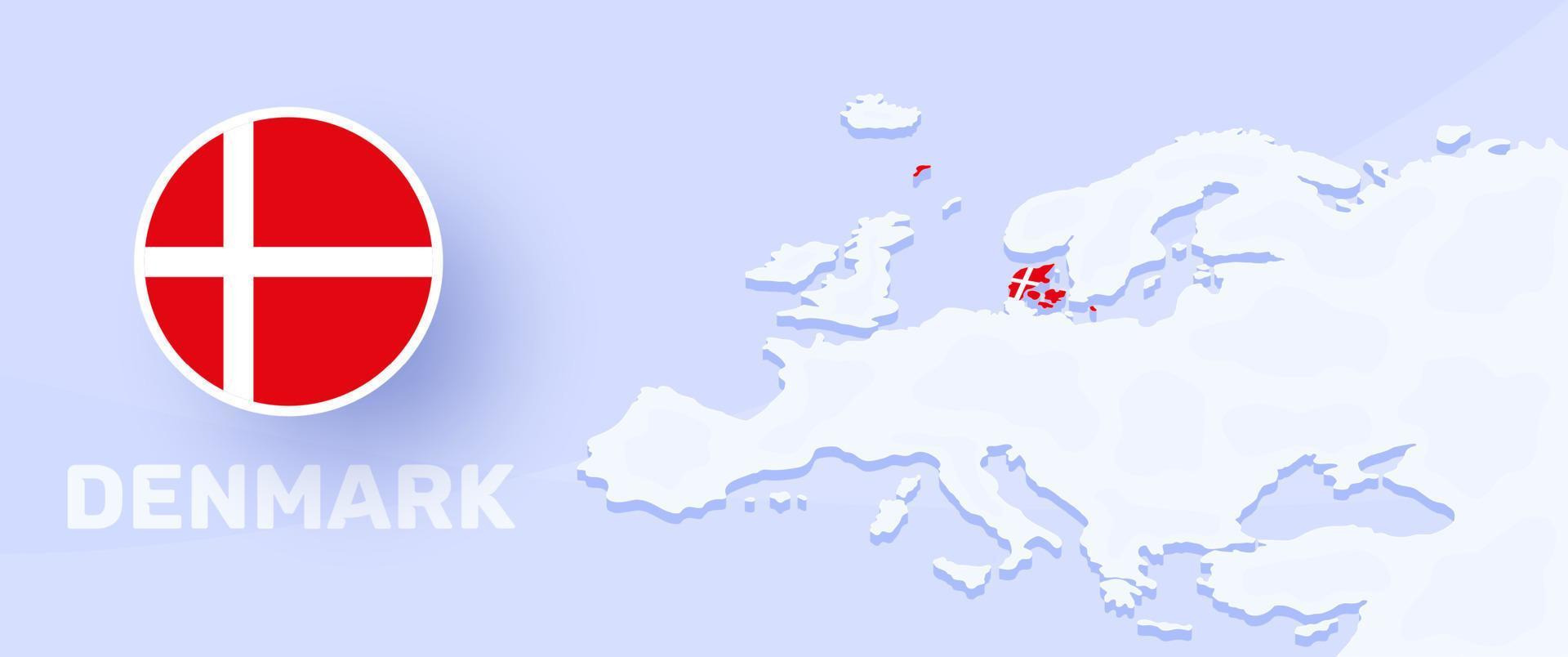 dänemark kartenflaggenbanner. vektorillustration mit einer karte von europa und hervorgehobenem land mit nationalflagge vektor