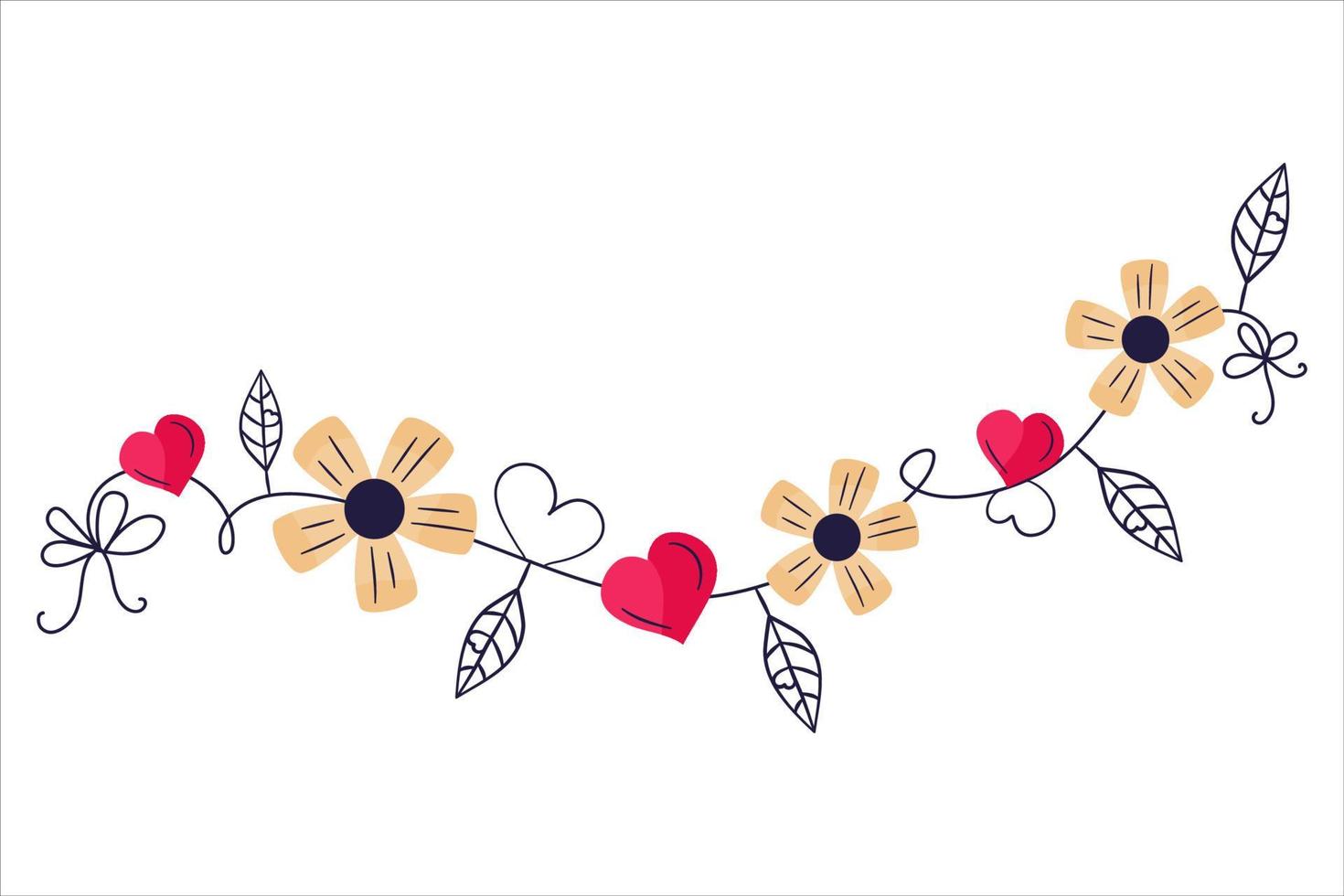 girlande zum valentinstag mit herz und blumen.romantische dekoration zur dekoration mit blättern und schleifen. vektorillustration im flachen handgezeichneten stil vektor